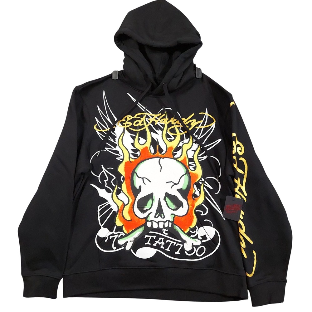 Ed Hardy Hoodie Mens Large Black Skull Flame Tattoo Graphic EHM1300-58‎ NEW